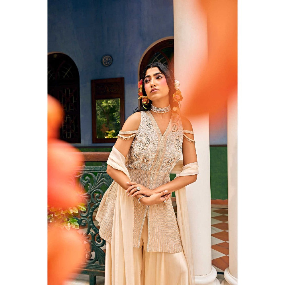 1999AD Beige V Neck Sharara with Kurta and Dupatta (Set of 3)