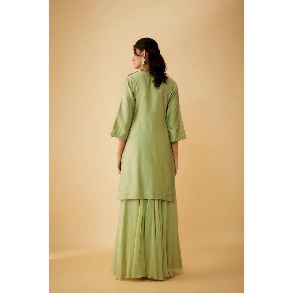 1999AD Green Chanderi Silver Zari Embroidery Kurti with Sharara and Dupatta (Set of 3)