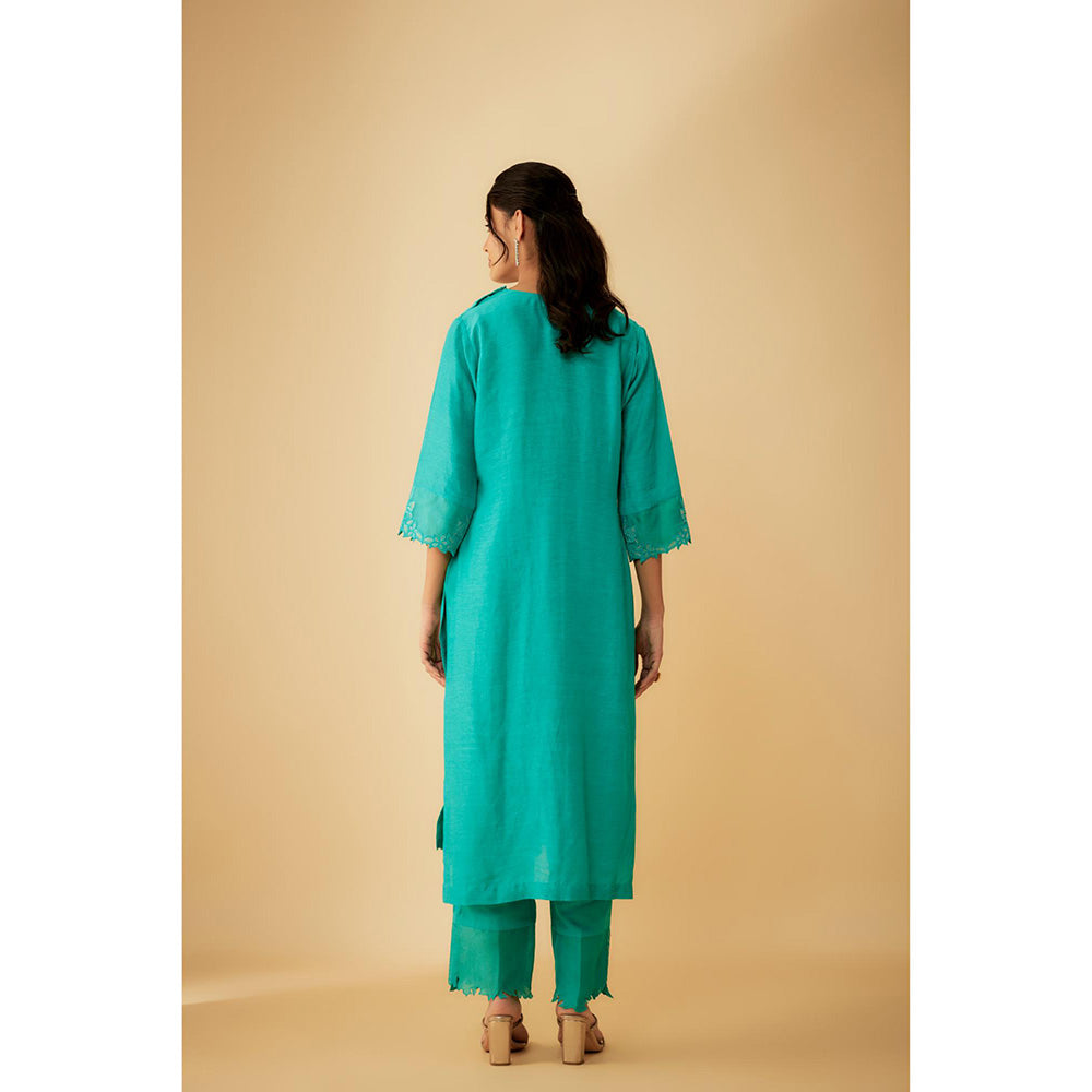 1999AD Green Linen Silk Applique Embroidery Kurta with Pant and Dupatta (Set of 3)
