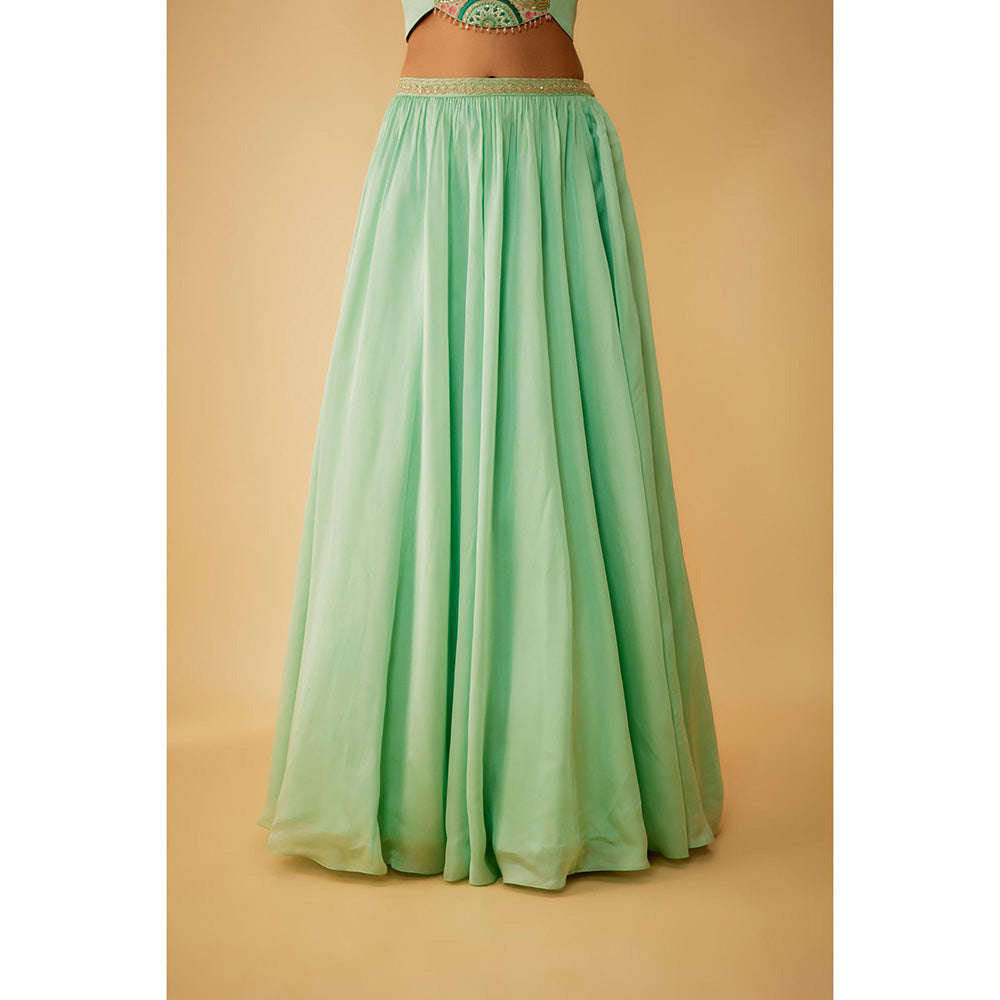 1999AD Green Organza Embroidery Jacket with Stitched Blouse and Lehenga (Set of 3)