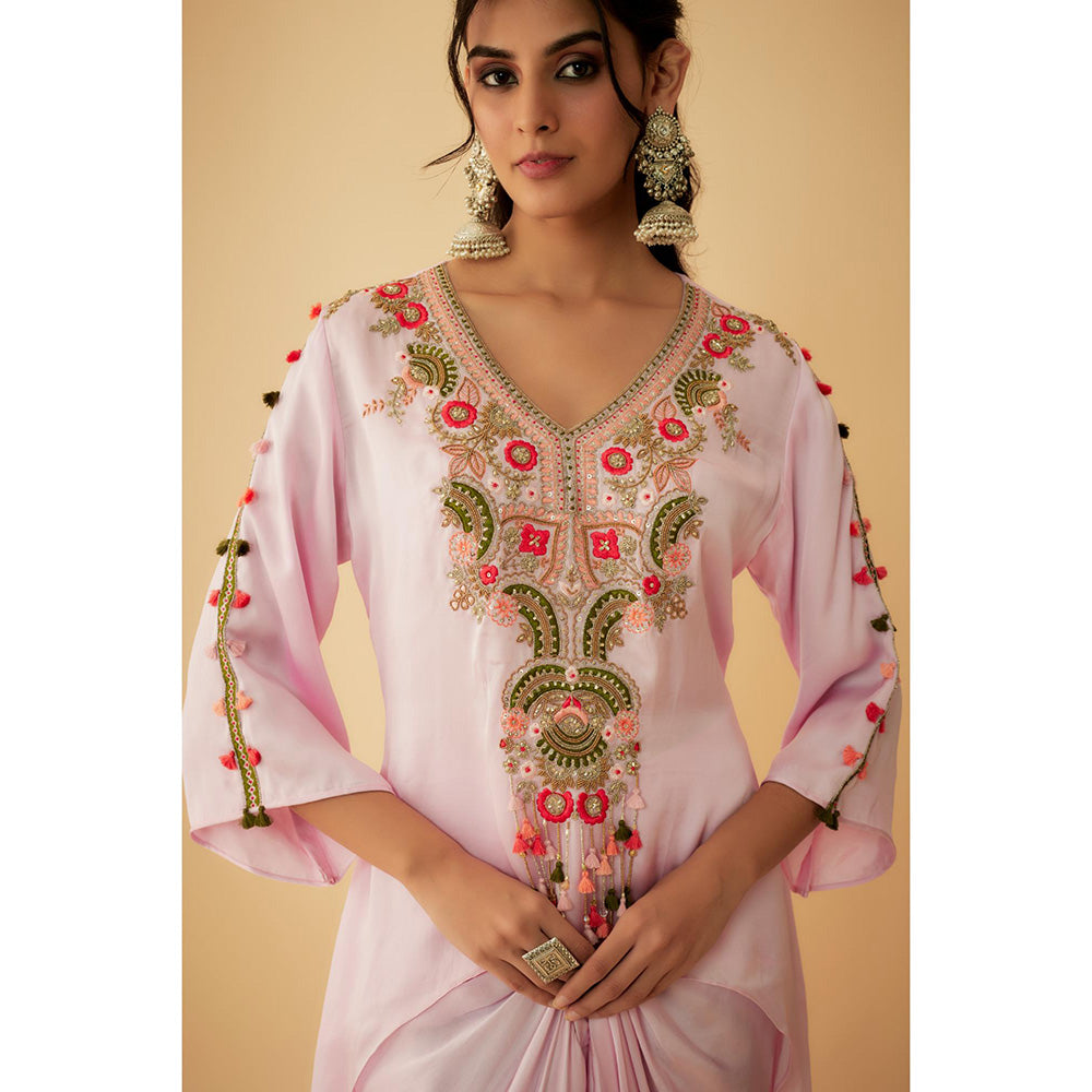 1999AD Onion Pink Organza Short Thread Embroidery Kurta With Drape Skirt (Set of 2)