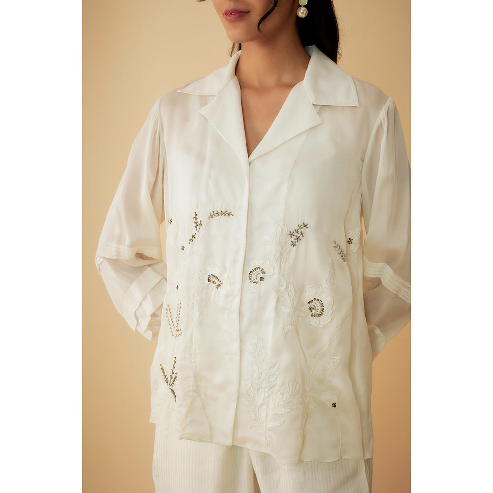 1999AD White Organza Applique Kat dana Work Shirt with Inner (Set of 2)