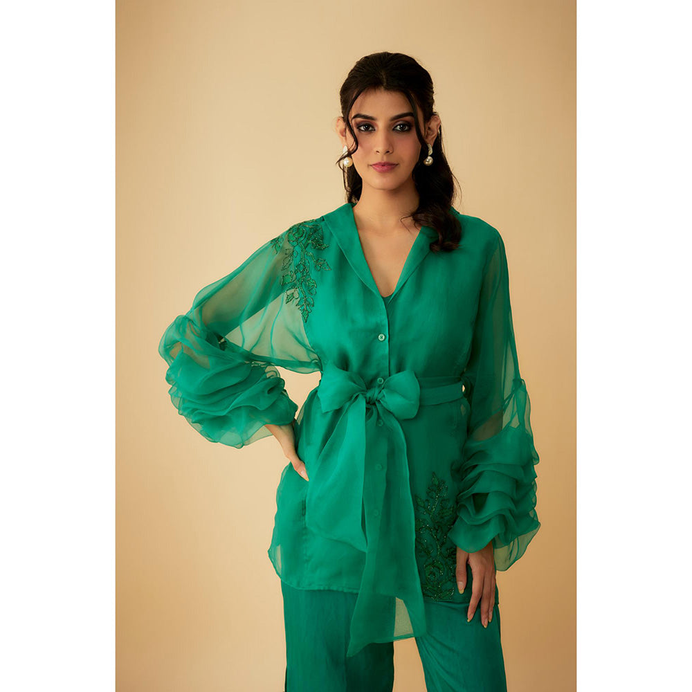 1999AD Green Organza Embroidery Teemed Co-Ord (Set of 4)