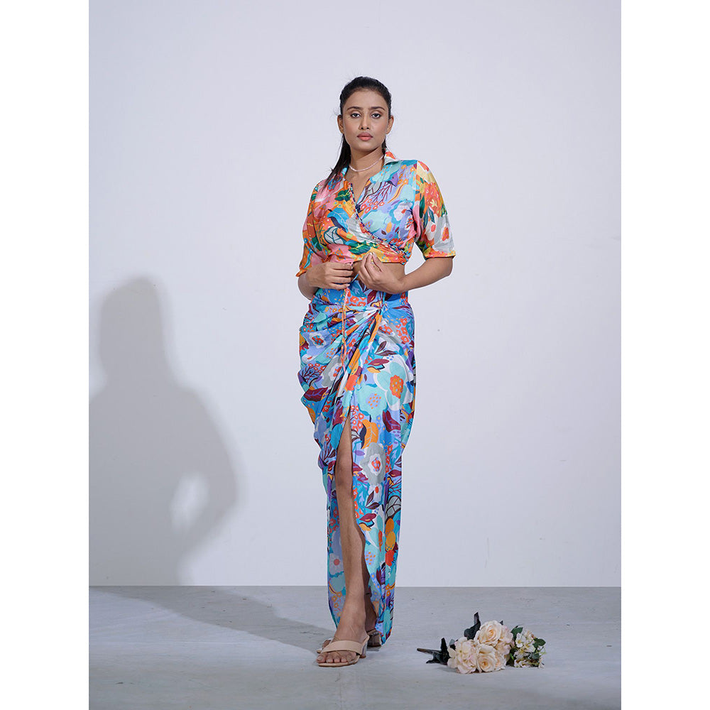 AFFROZ Gul Multi-Color Floral Printed Wrap Skirt and Crop Top (Set