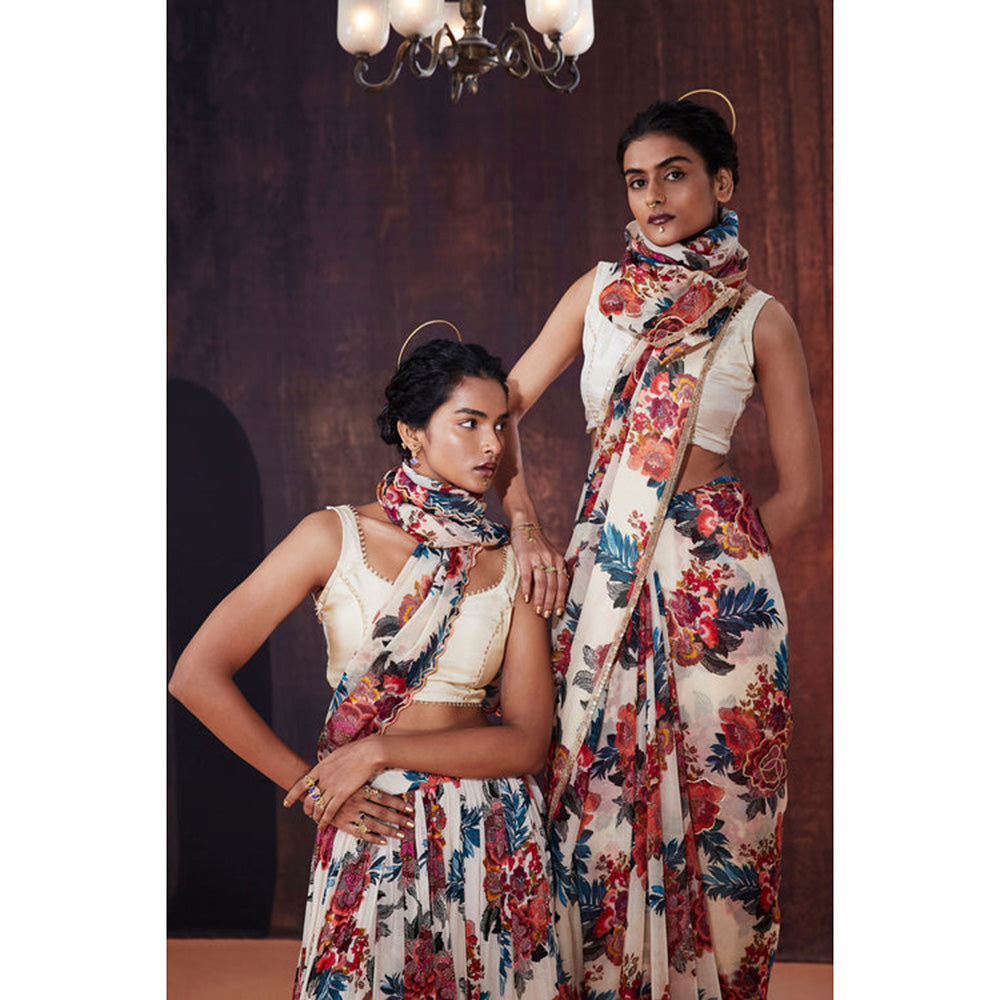 AFFROZ Ivory Floral Printed Organza Saree with Stitched Blouse