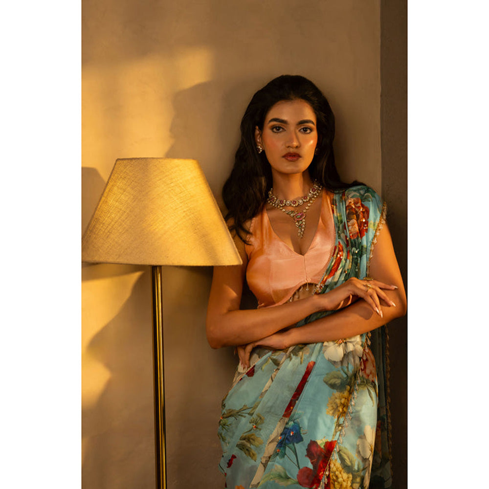 AFFROZ Powder Blue Floral Print Pre Drape Saree with Stitched Blouse
