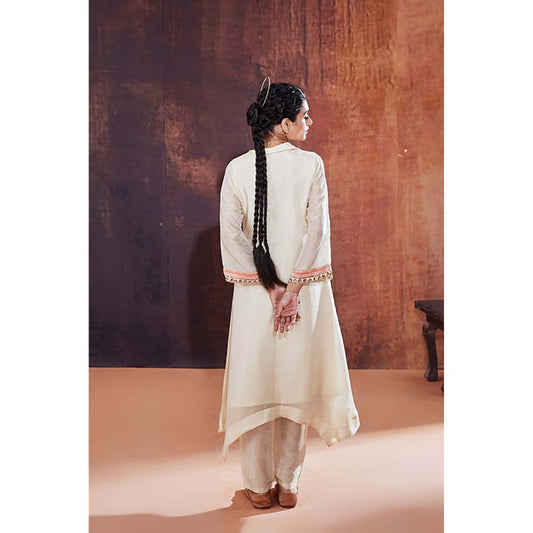 AFFROZ Ivory Tissue Silk Kurta with Pant and Dupatta