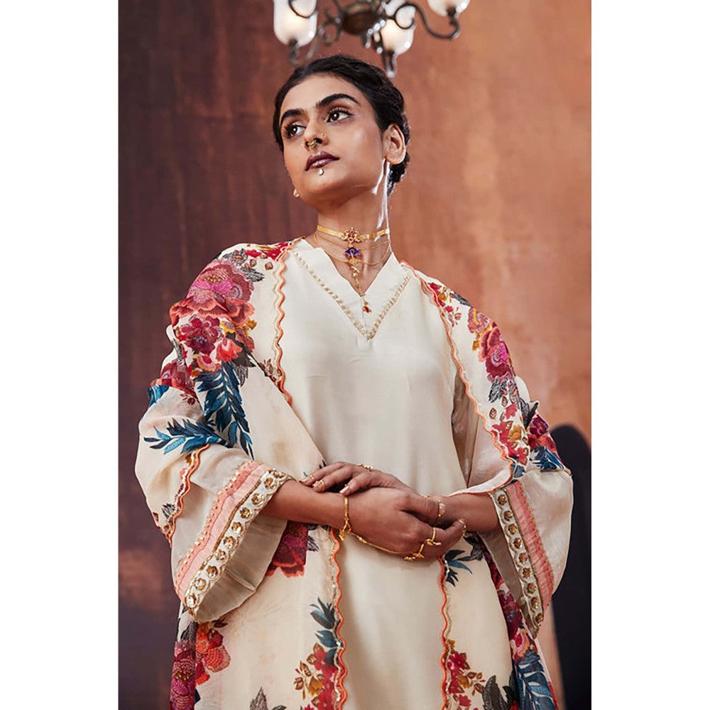 AFFROZ Ivory Tissue Silk Kurta with Pant and Dupatta
