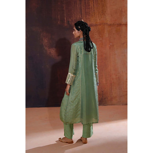 AFFROZ Moss Green Jacquard Kurta with Pant and Dupatta