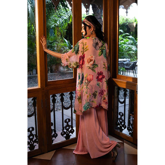 AFFROZ Dusty Rose Crop Top with Kurti and Sharara