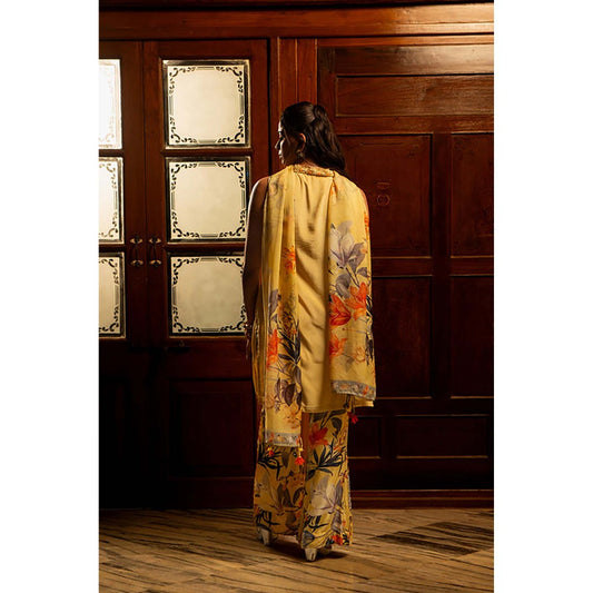 AFFROZ Misted Yellow Kurta with Palazzo and Dupatta