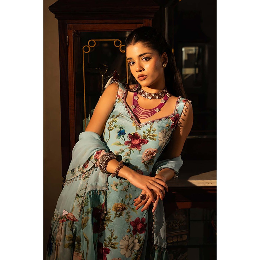 AFFROZ Powder Blue Floral Kurta with Sharara and Dupatta