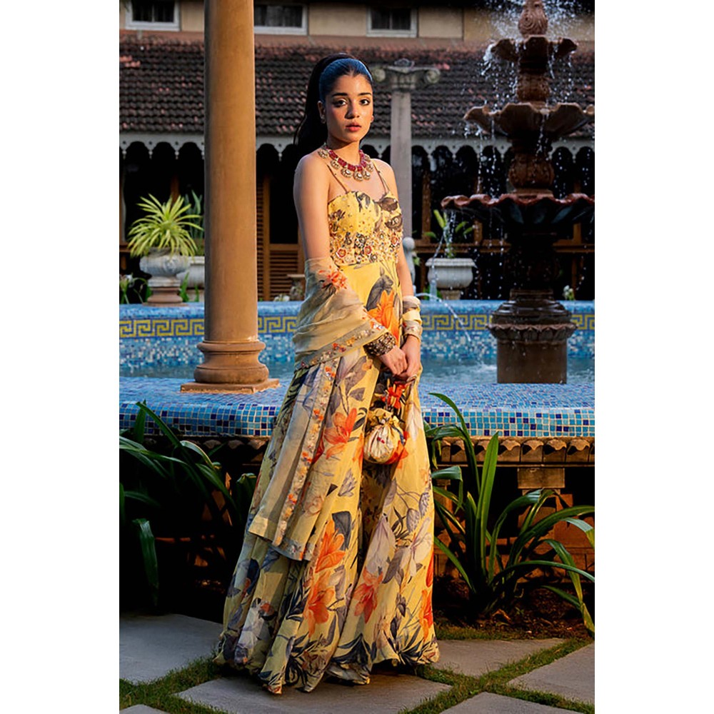 AFFROZ Misted Yellow Floral Anarkali Kurta with Pant and Dupatta