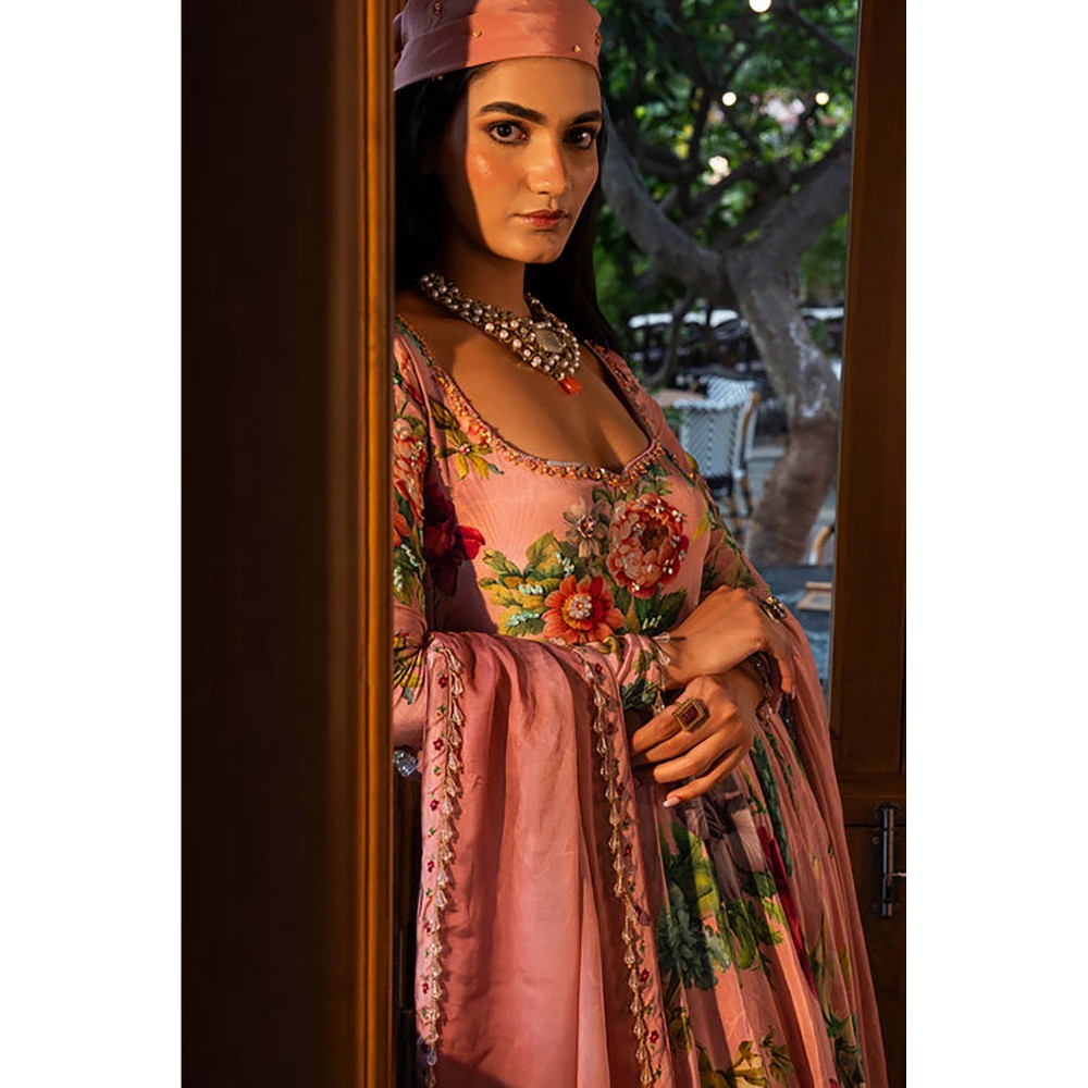 AFFROZ Dusty Rose Floral Anarkali Kurta with Pant and Dupatta