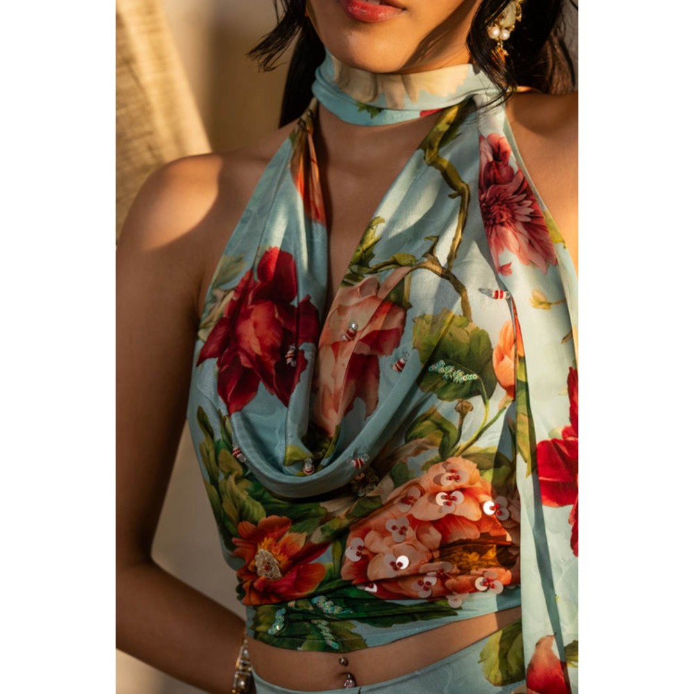 AFFROZ Powder Blue Floral Skirt Set