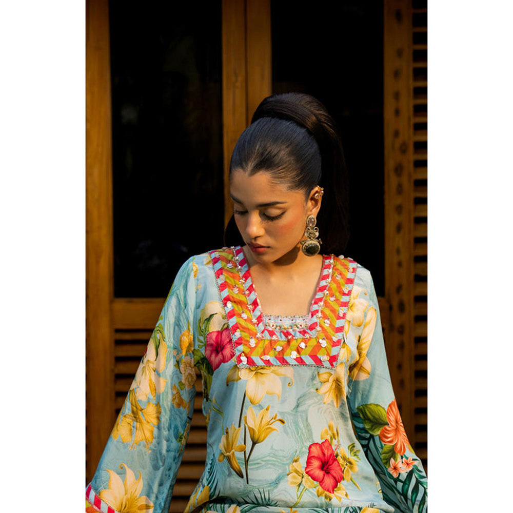 AFFROZ Tropical Blue Floral Printed With Embellished Maxi Dress