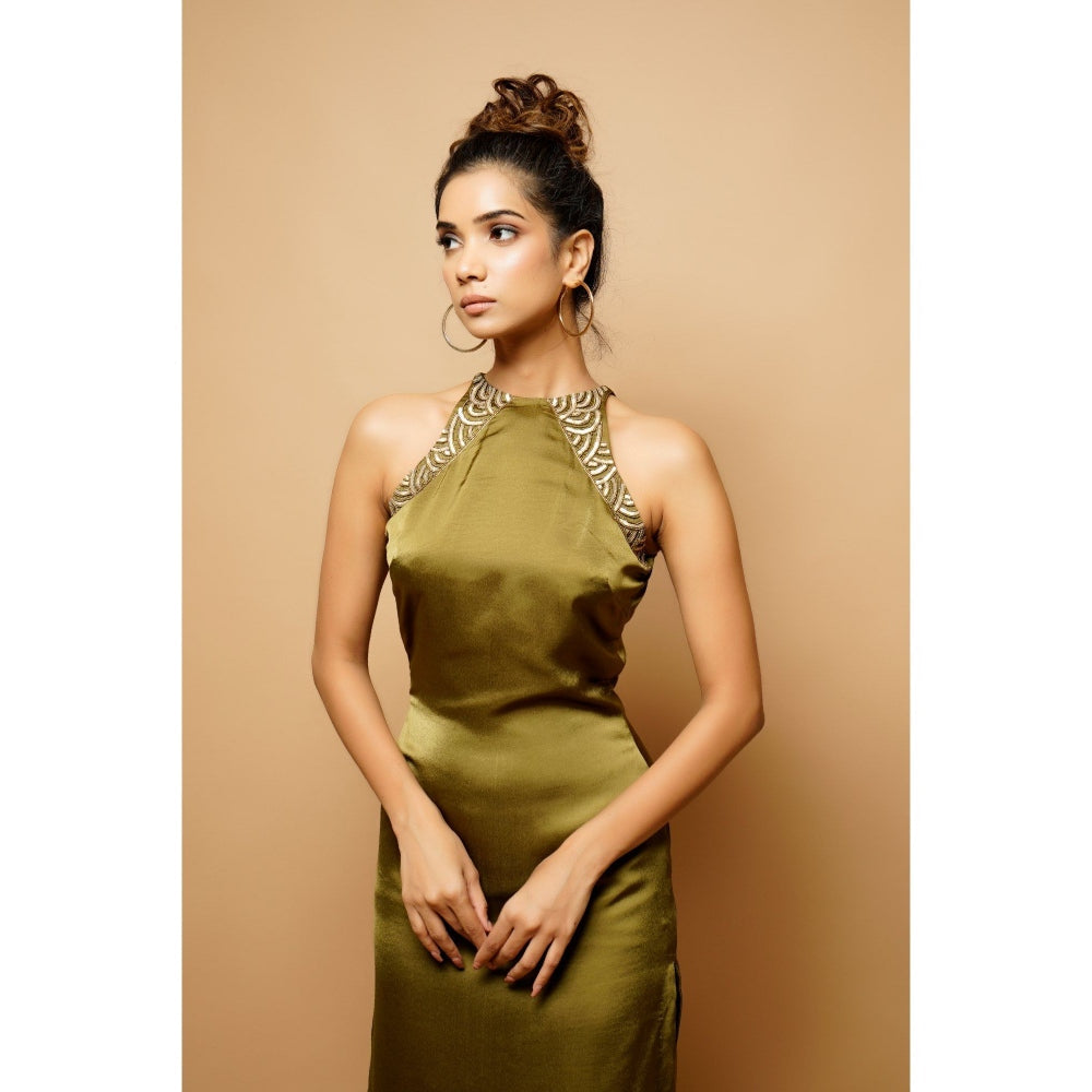 Ahi Clothing Olive Green Halter Neck Sheath Dress