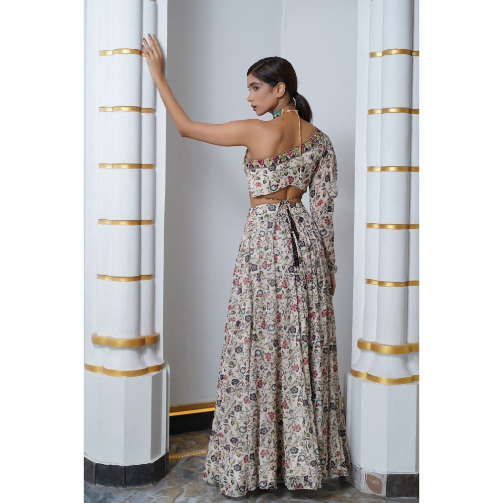 AHI Clothing Cream Floral One Shoulder Lehenga with Blouse (Set of 2)