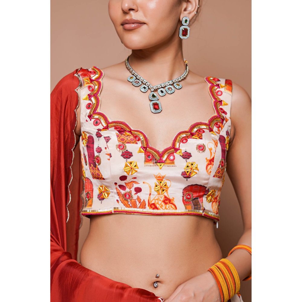 AHI Clothing Cream Digital Print Lehenga Blouse with Dupatta (Set of 3)