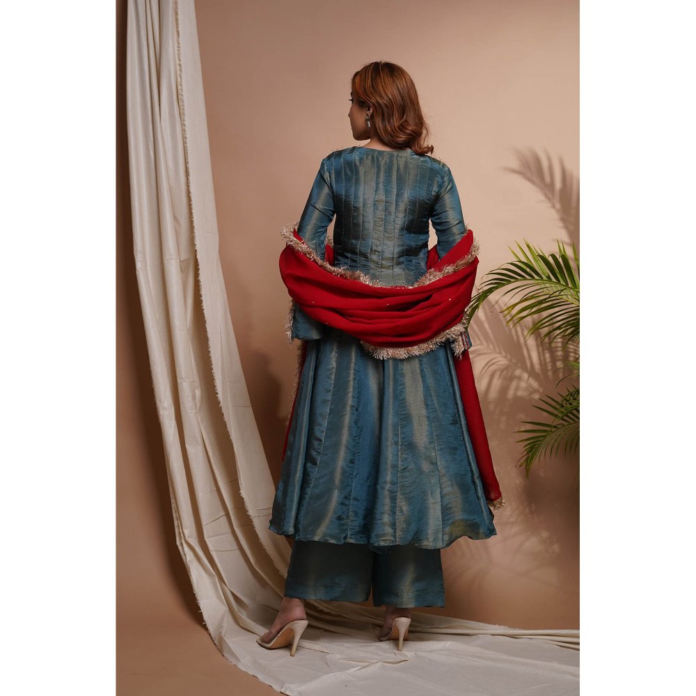 AHI Clothing Blue Red Tissue Silk Anarkali Kurta with Palazzo and Dupatta (Set of 3)