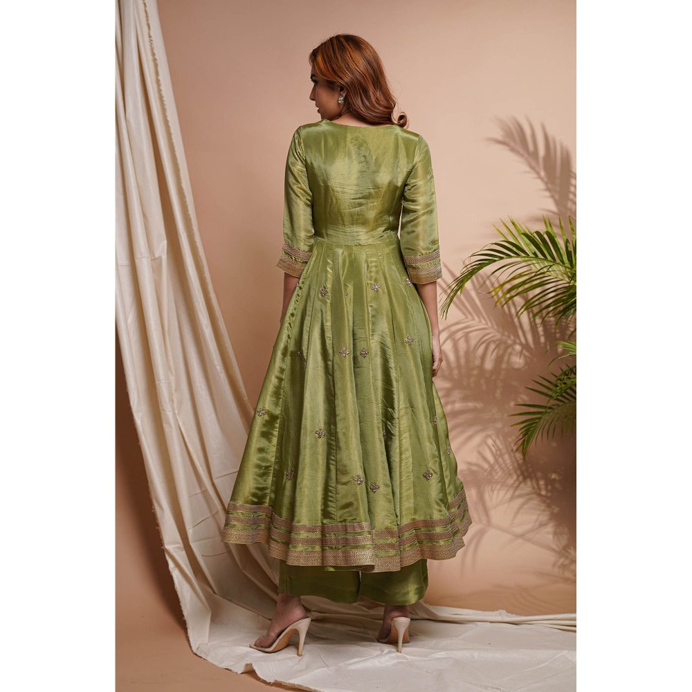 AHI Clothing Green Purple Tissue Silk Angarkha Kurta with Palazzo and Dupatta (Set of 3)