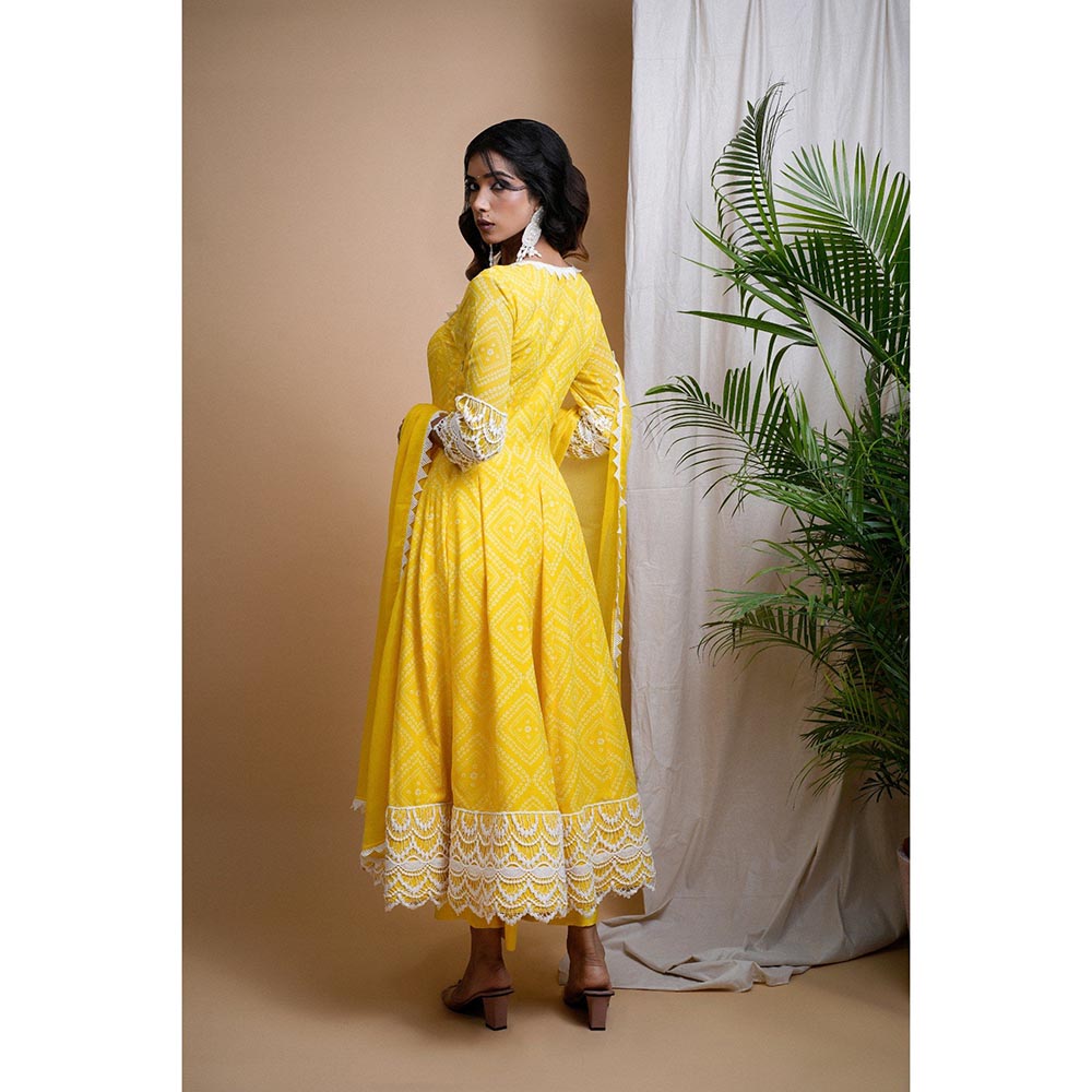 AHI Clothing Yellow Bandhani Digital Print Anarkali Kurta with Palazzo and Dupatta (Set of 3)
