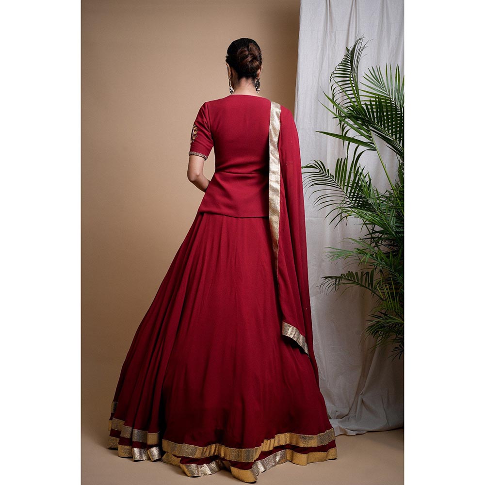 AHI Clothing Maroon Heavy Mirror Short Kurti with Lehenga and Dupatta (Set of 3)