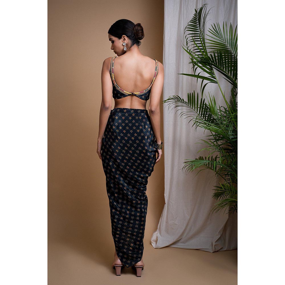AHI Clothing Black Digital Print Indo Drape Blouse with Skirt (Set of 2)
