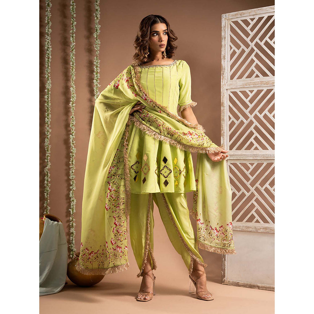 AHI Clothing Green Crepe Boat Neck Embroidered Anarkali Kurta with Salwar and Dupatta