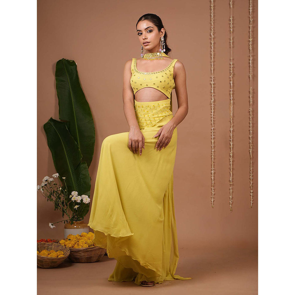 AHI Clothing Green Georgette Round Neck Embroidered Top with Palazzo with Dupatta