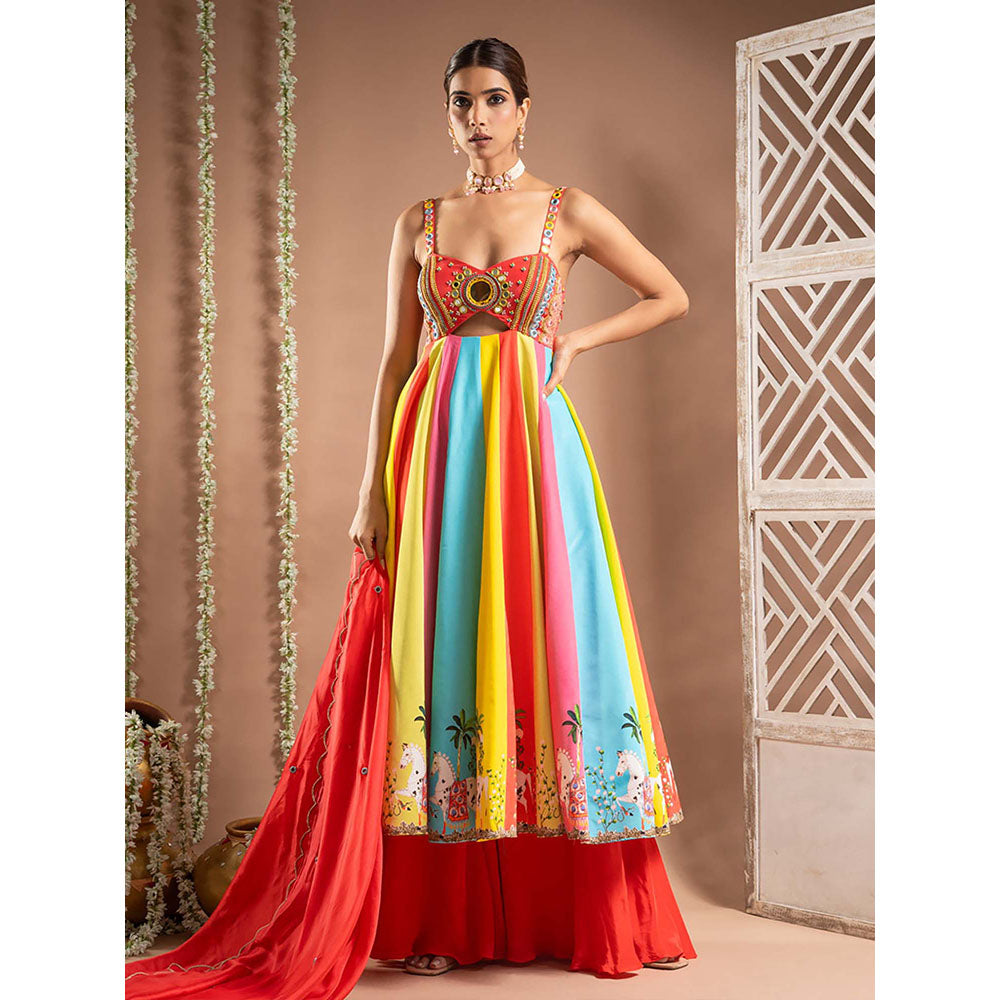 AHI Clothing Red Crepe Sweetheart Printed Anarkali with Palazzo and Dupatta