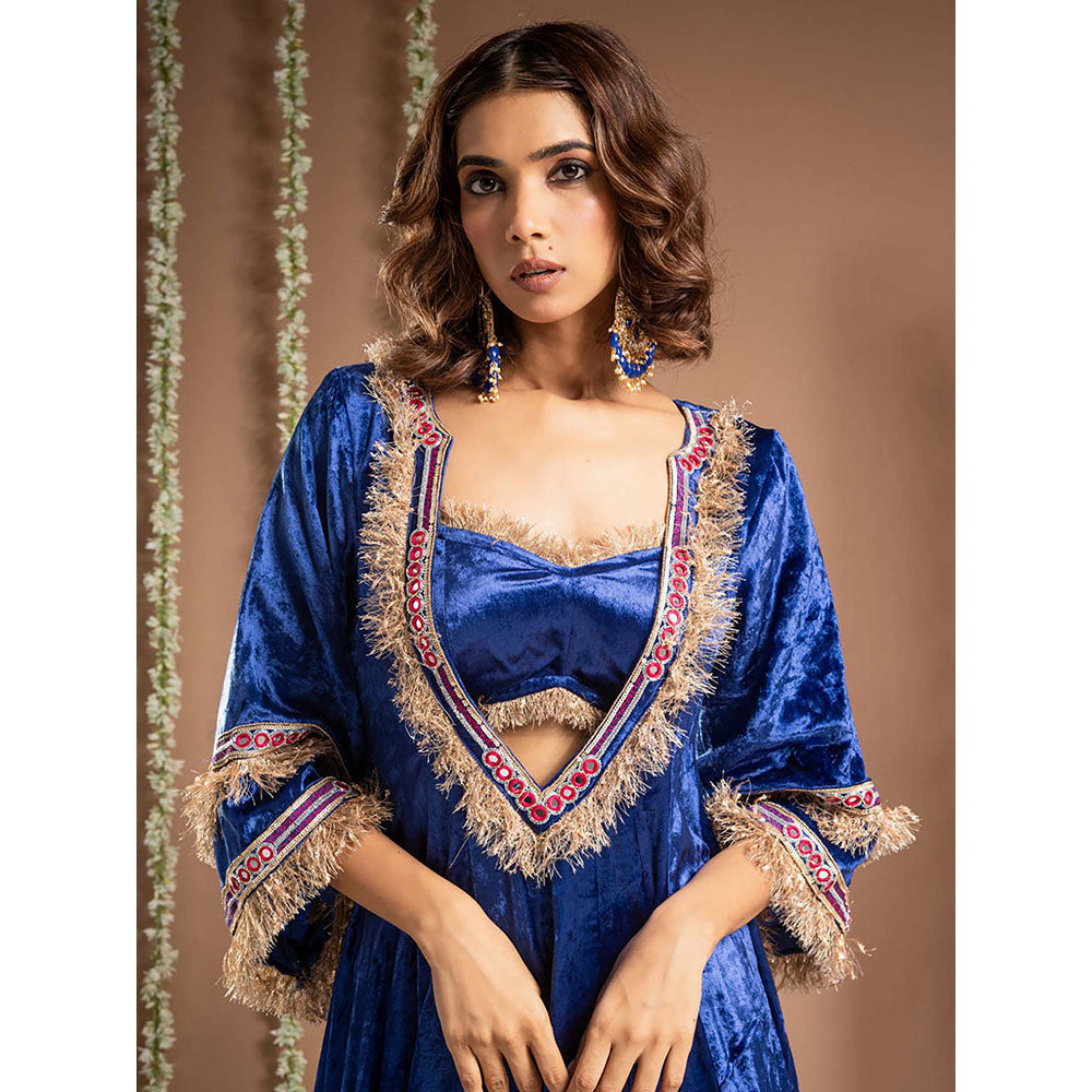 AHI Clothing Blue Velvet Sweetheart Embroidered Anarkali with Blouse with Palazzo with Dupatta