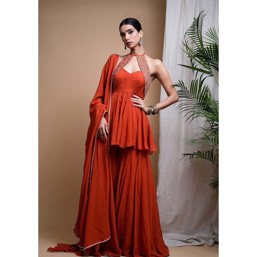 AHI Clothing Orange Georgette Halter Neck Embroidered Peplum Top with Sharara and Dupatta