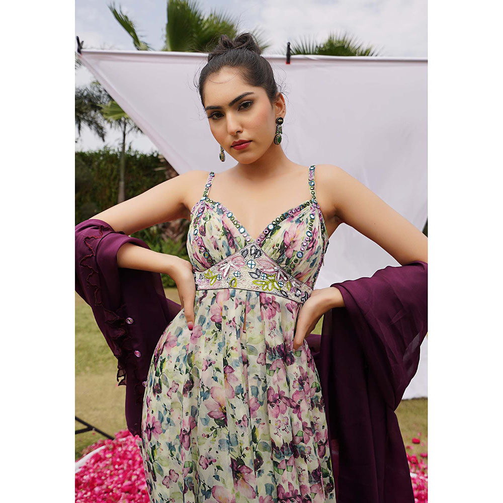 AHI Clothing Purple Organza Shoulder Straps Floral Anarkali with Palazzo and Dupatta