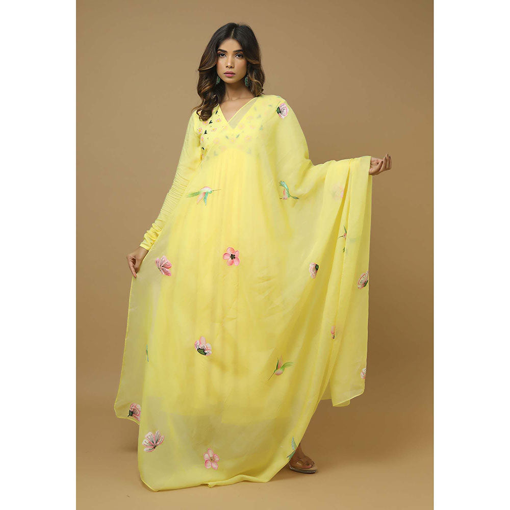 AHI Clothing Yellow Modal V-Neck Floral Anarkali with Palazzo and Dupatta