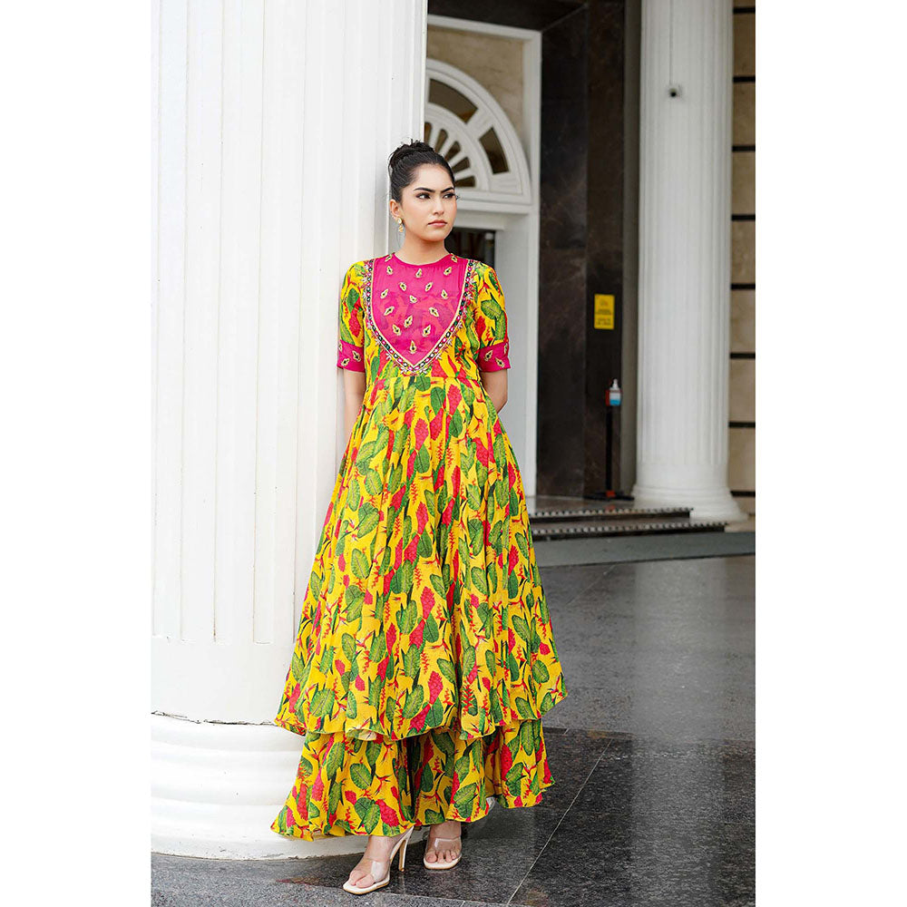 AHI Clothing Yellow Crepe Round Neck Floral Bustier with Anarkali with Palazzo with Dupatta