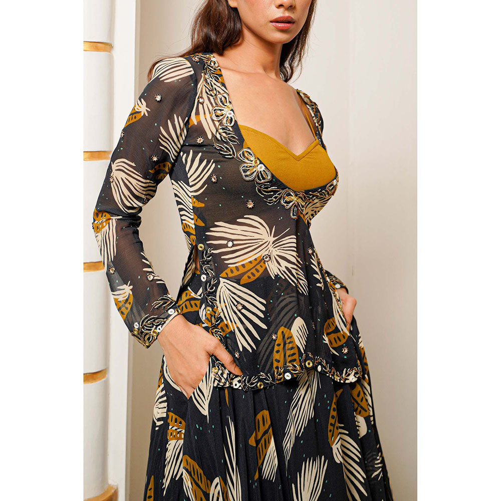 AHI Clothing Black Abstract Georgette Lehenga and Bustier with Short Kurta