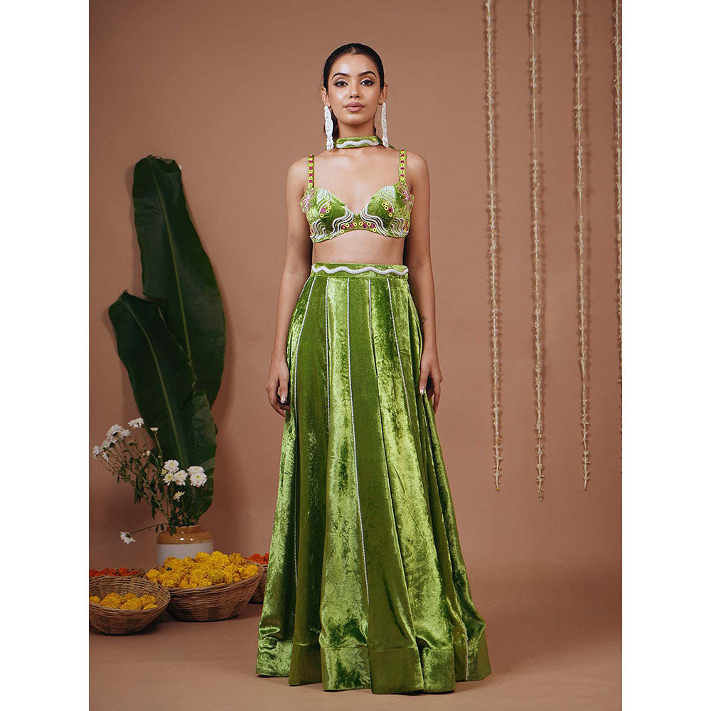 AHI Clothing Bright Green Velvet Indo Lehenga And Blouse With Dupatta