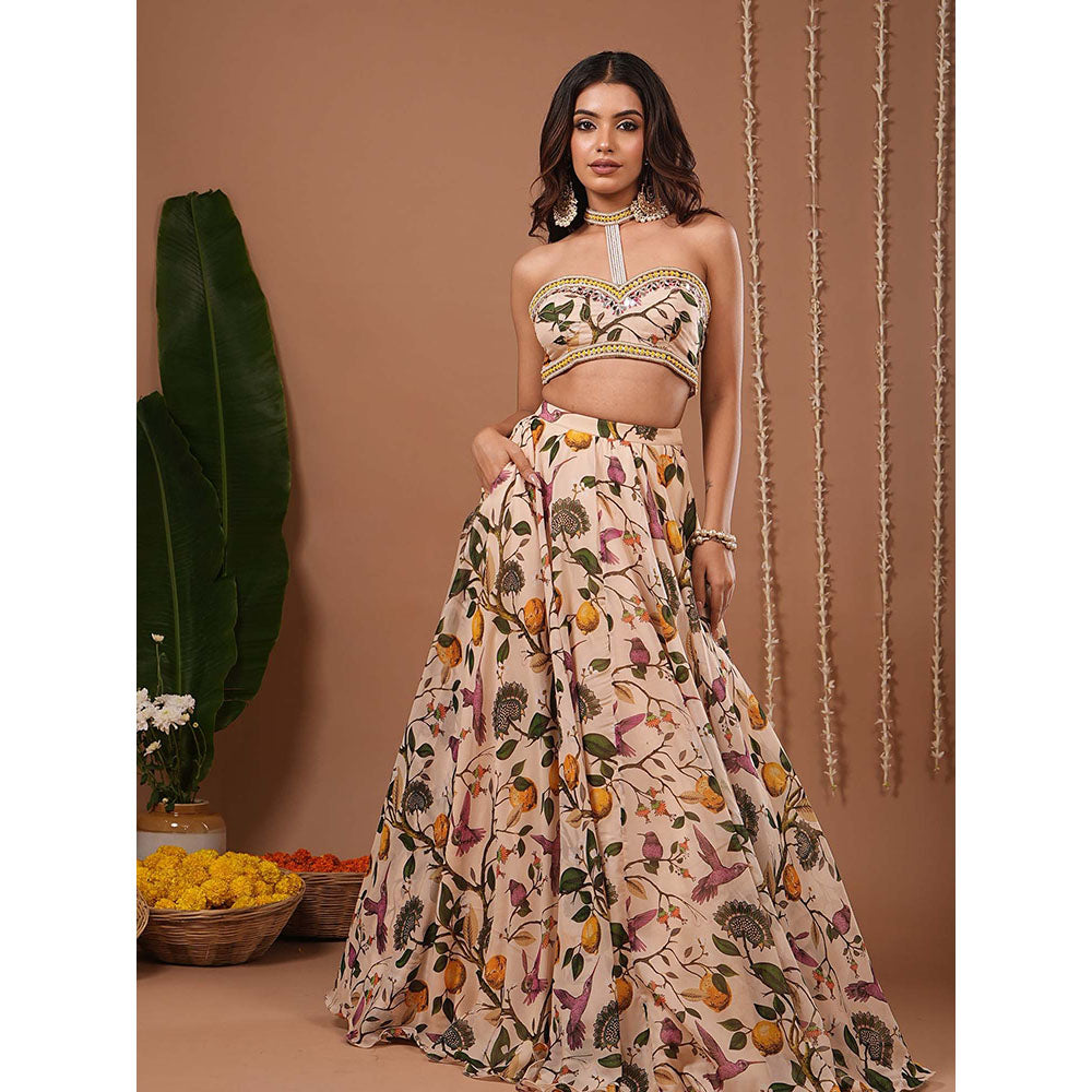 AHI Clothing Cream Lemon Printed Indo Top With Skirt