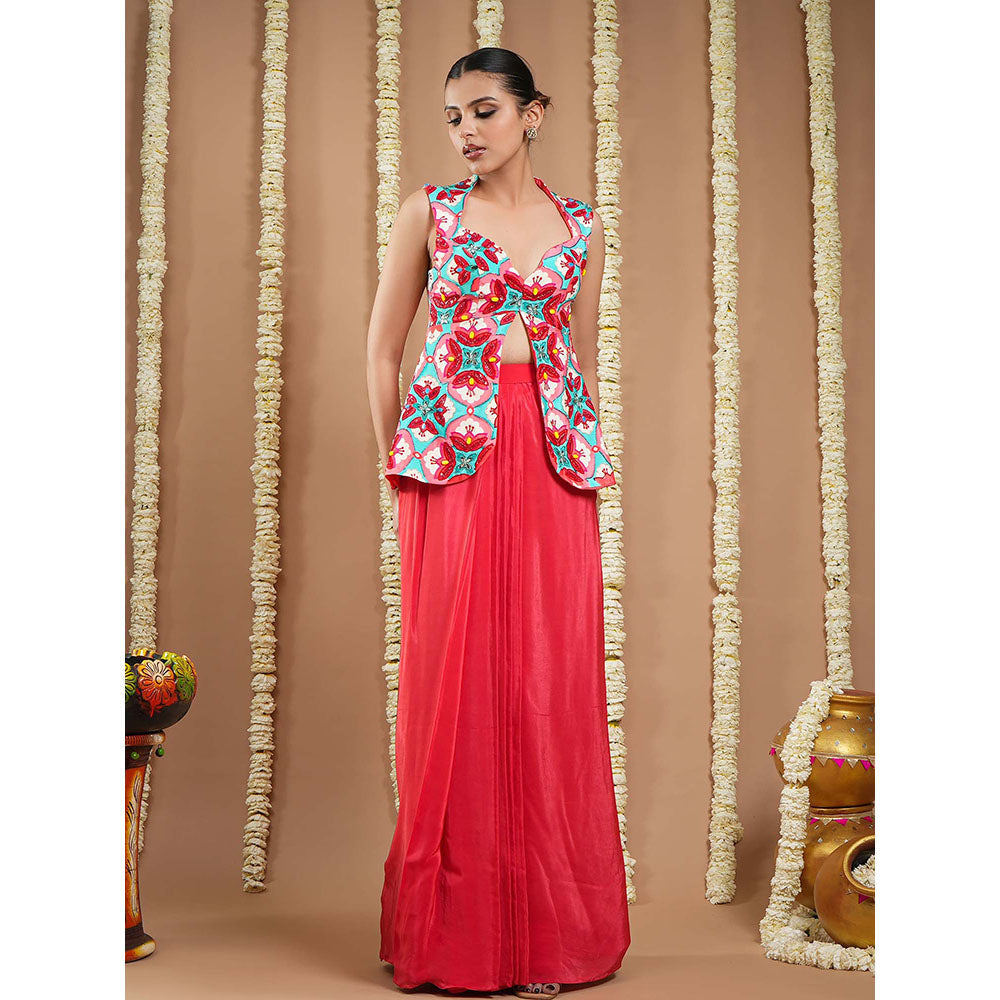 AHI Clothing Red Tile Printed Coat And Drape Top With Skirt