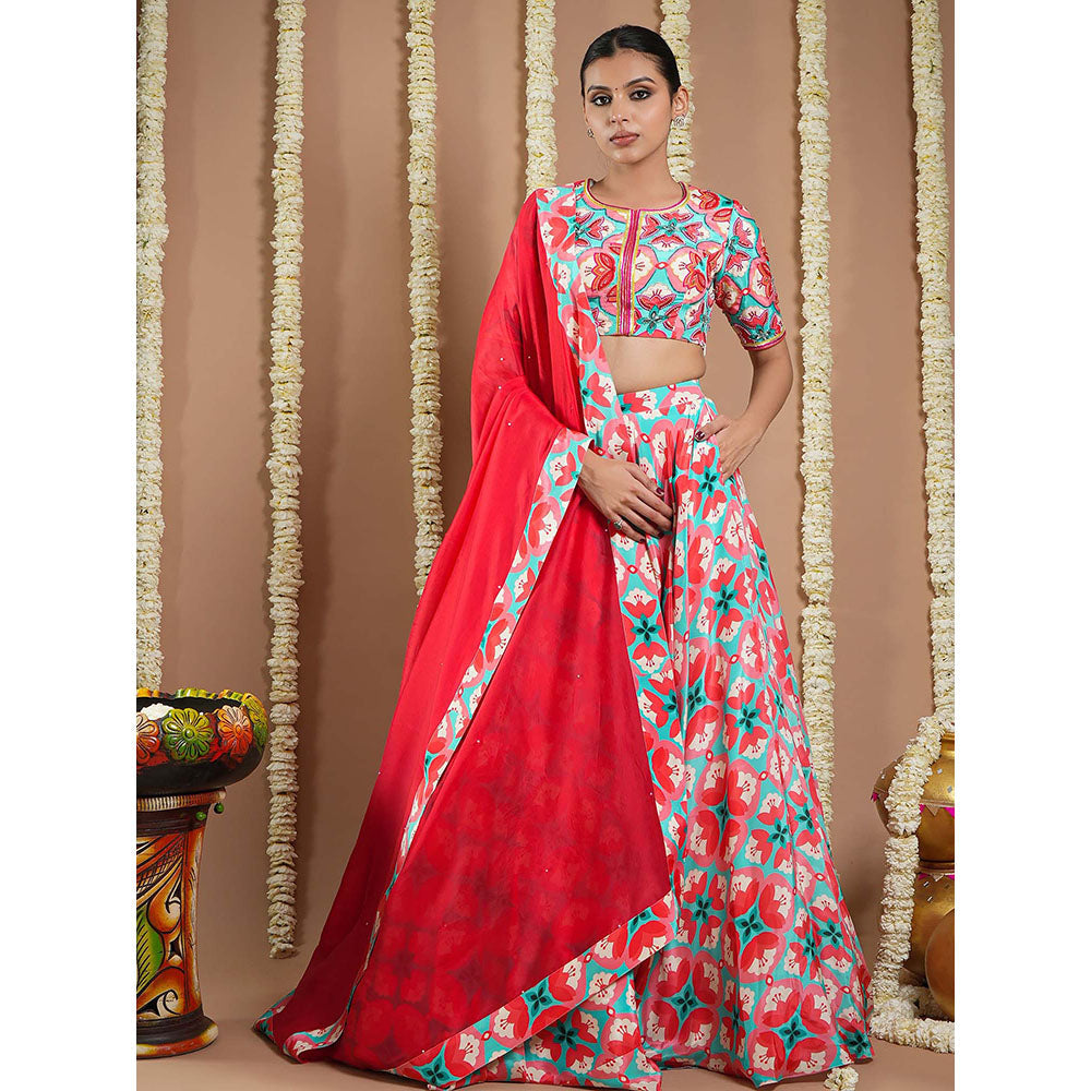 AHI Clothing Red Tile Printed Heavy Lehenga And Blouse With Dupatta