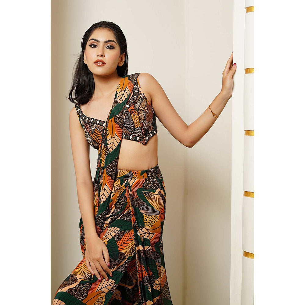 AHI Clothing Leaf Print Multicolour Pre Drape Saree With Stitched Blouse with Stitched