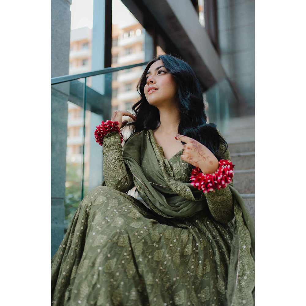 AHI Clothing Green Chikankari Sweetheart Embroidered Anarkali with Palazzo and Dupatta