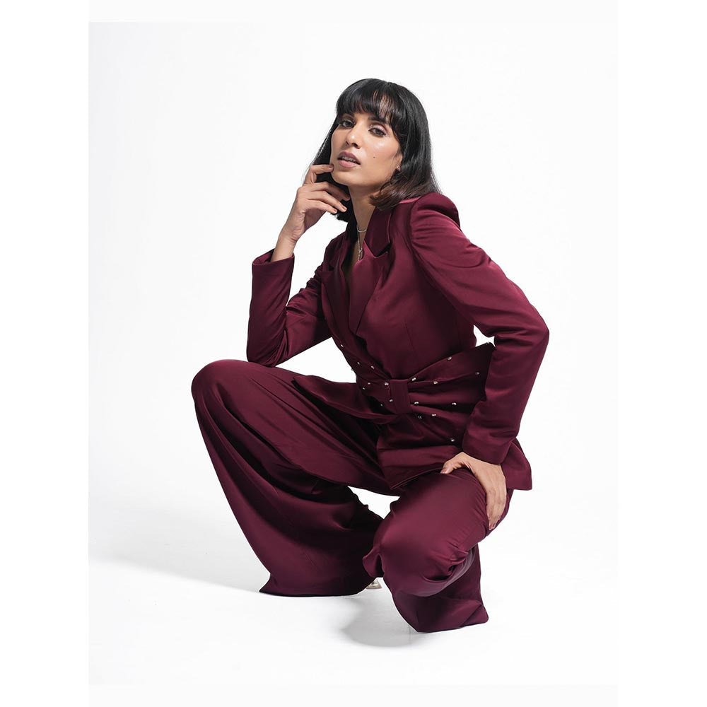 AHI Clothing Miranda - Claret Maroon Embellished Blazer with Pant