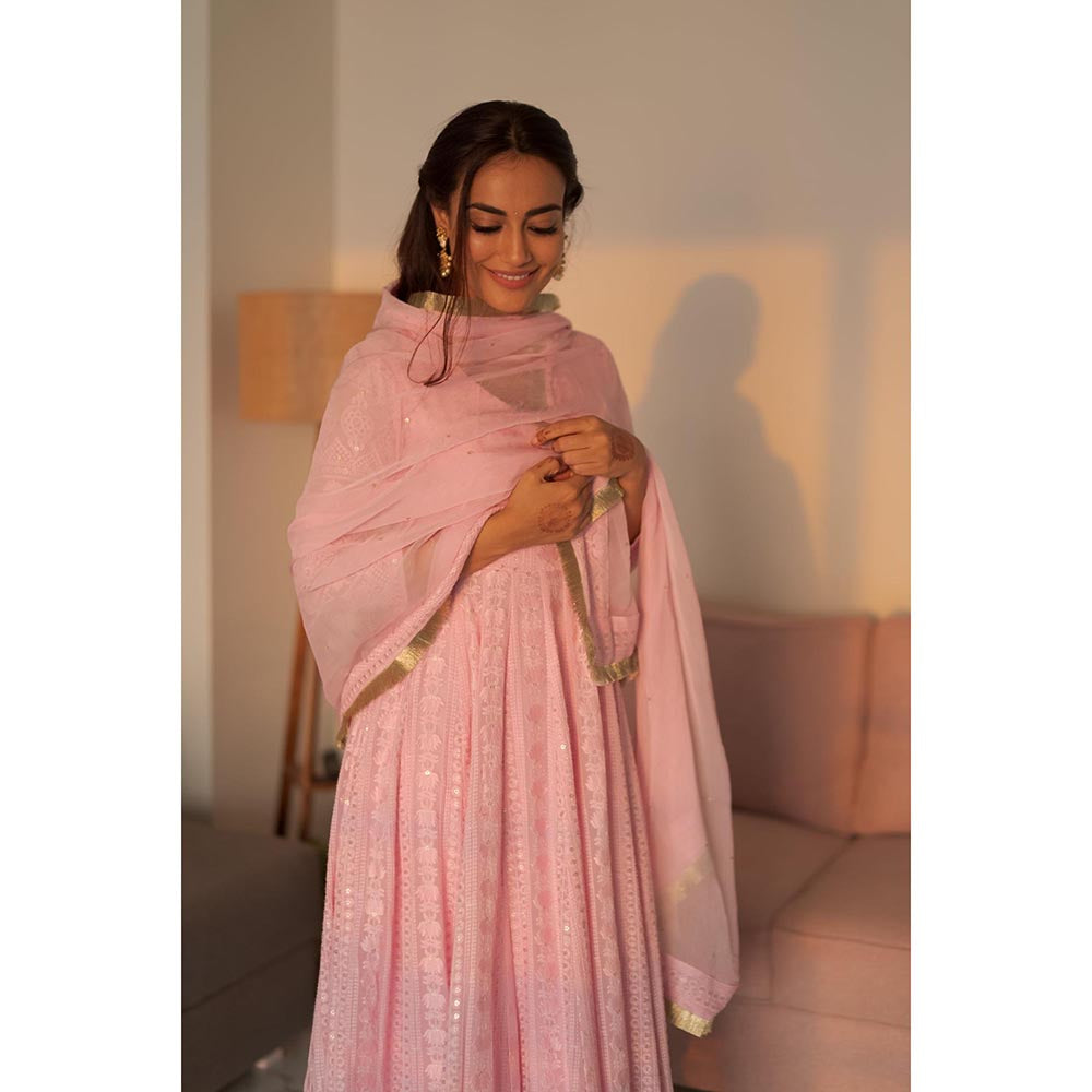 AHI Clothing Pink Chikankari Anarkali Kurta with Palazzo and Dupatta