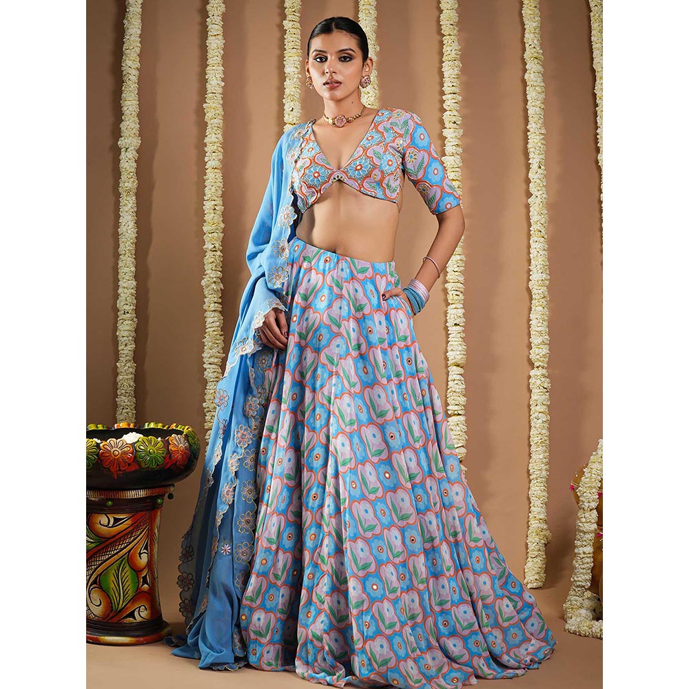 AHI Clothing Endless Sky Blue Printed Lehenga with Choli and Dupatta