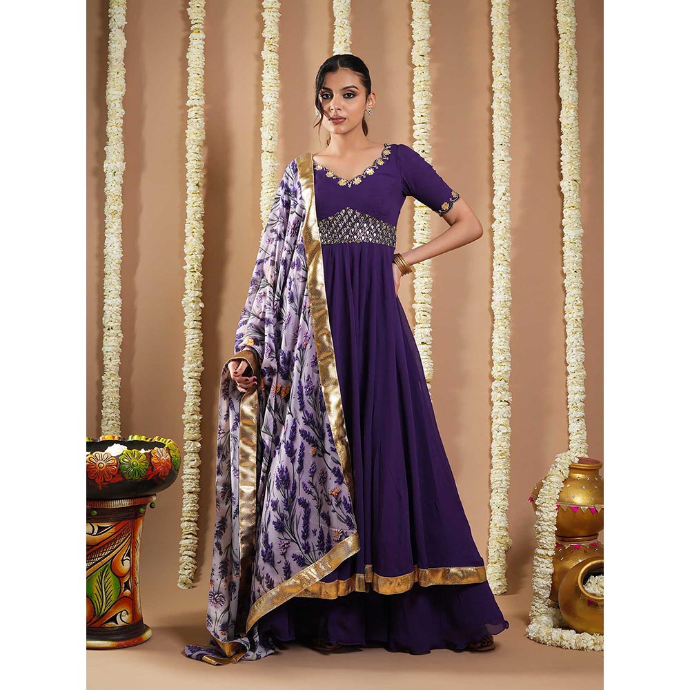 AHI Clothing Dark Purple Georgette Anarkali Kurta with Palazzo and Dupatta