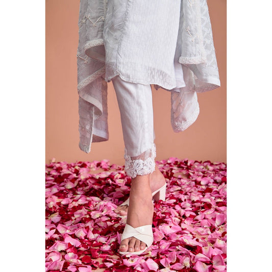 Aishwarya Tyagi Organza Jamdani One Shoulder Flared Kurta with Pant & Dupatta (Set of 3)