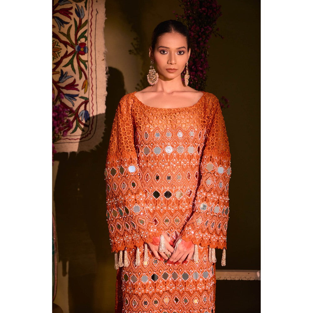 Aishwarya Tyagi Rust Mirror Work Kurta with Pant and Inner (Set of 3)