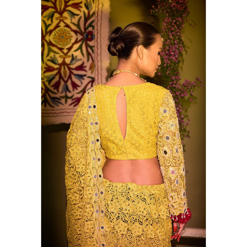 Aishwarya Tyagi Yellow Varda Mirror Work Saree with Stitched Blouse